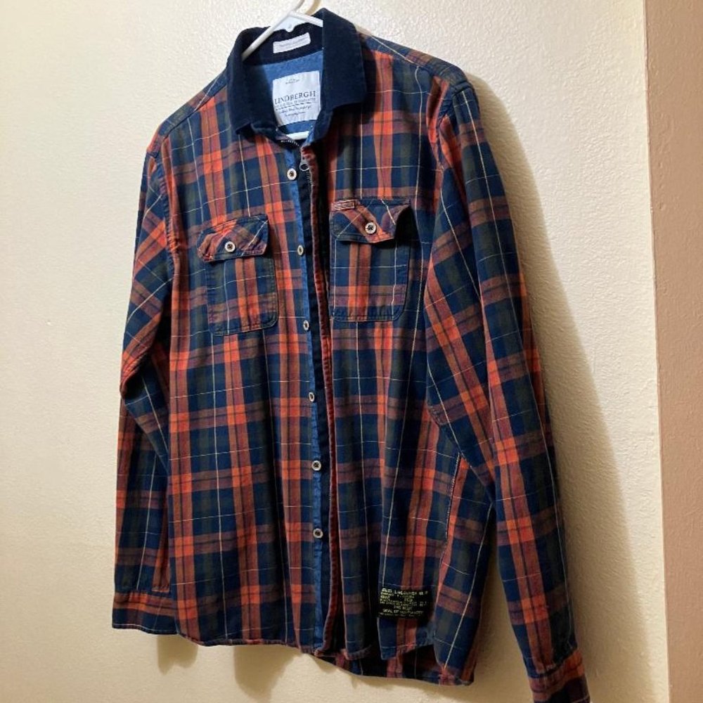 Lindbergh Men's Orange/Blue Plaid Full Zip Long Sleeve Flannel Shirt Size Medium